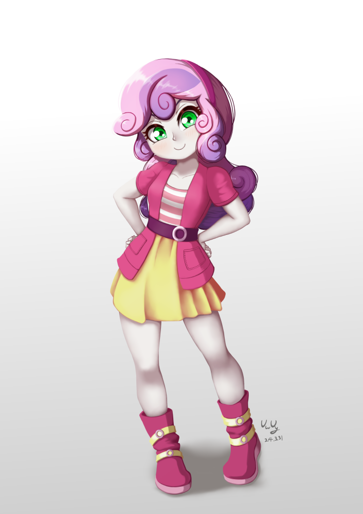 1girl blush boots collarbone commentary english_commentary full_body green_eyes hands_on_own_hips headband long_hair looking_at_viewer multicolored_hair my_little_pony my_little_pony:_equestria_girls my_little_pony:_friendship_is_magic pleated_skirt skirt smile solo sweetie_belle sweetie_belle_(equestria_girls) the-park watermark yellow_skirt