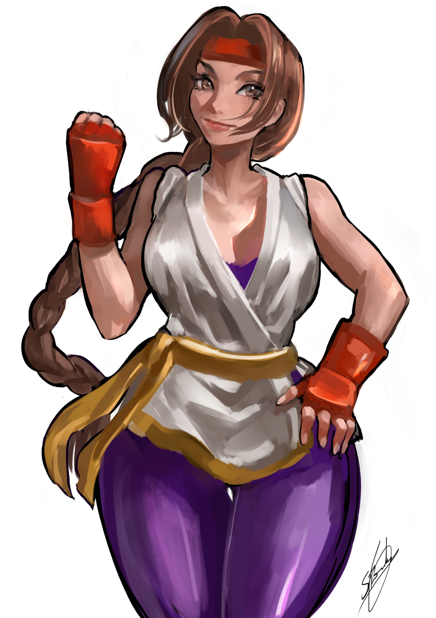 1girl braid braided_ponytail breasts brown_eyes brown_hair closed_mouth curvy dougi fingerless_gloves gloves hand_on_own_hip headband highres large_breasts leggings long_hair onishinx pale_skin pants red_headband ryuuko_no_ken single_braid smile solo stanbl stanbl7 standing the_king_of_fighters thick_thighs thighs wide_hips yoga_pants yuri_sakazaki