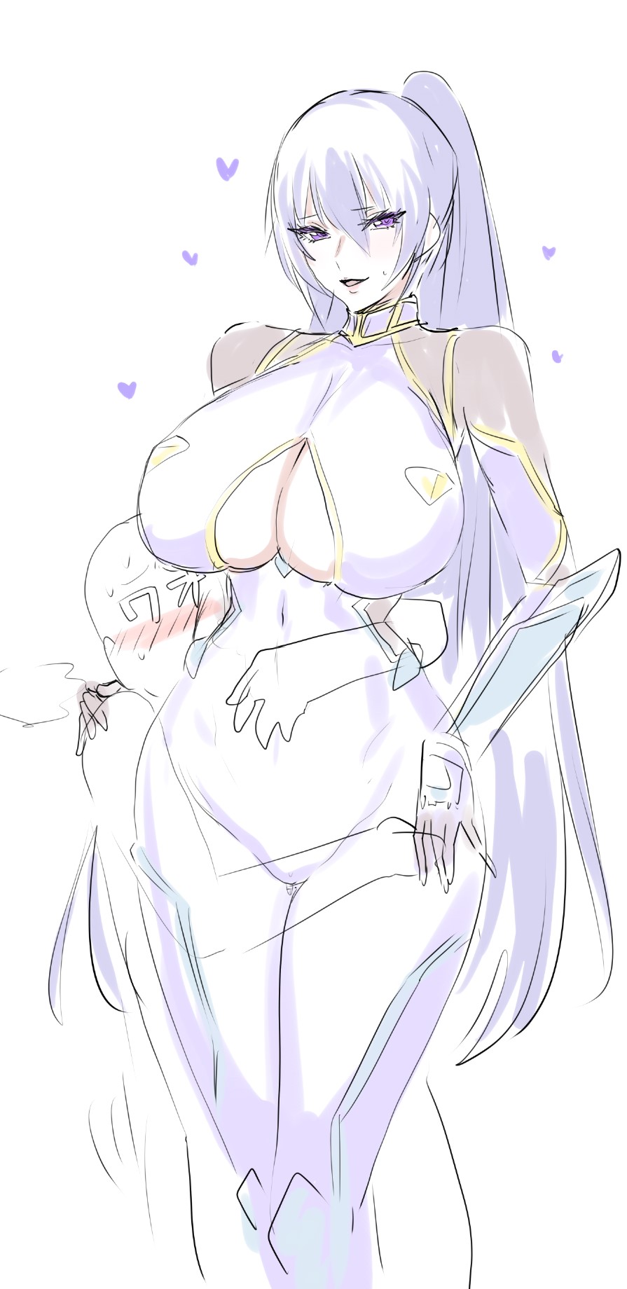 1girl 1other akiyama_rinko blue_hair blush bodysuit breasts clothing_cutout commentary_request covered_erect_nipples covered_navel eyelashes feet_out_of_frame gauntlets hair_between_eyes hand_on_another&#039;s_shoulder heart height_difference high_collar high_ponytail highres hug hug_from_behind large_breasts long_hair looking_at_viewer mogi_yasunobu narrow_waist open_mouth ponytail purple_bodysuit purple_eyes purple_hair simple_background size_difference sketch standing sweatdrop taimanin_(series) taimanin_suit taimanin_yukikaze tall_female underboob_cutout very_long_hair white_background wide_hips