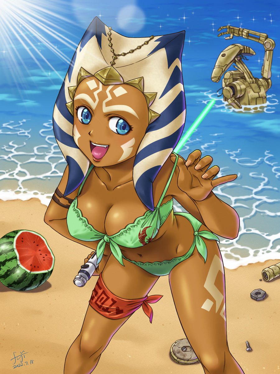 1girl ahsoka_tano animification b1_battle_droid beach bikini blue_eyes breasts dark-skinned_female dark_skin droid energy_sword food fruit fuji_shuuji green_bikini highres lightsaber marine_day ocean open_mouth sand star_wars star_wars:_the_clone_wars swimsuit sword togruta water watermelon weapon