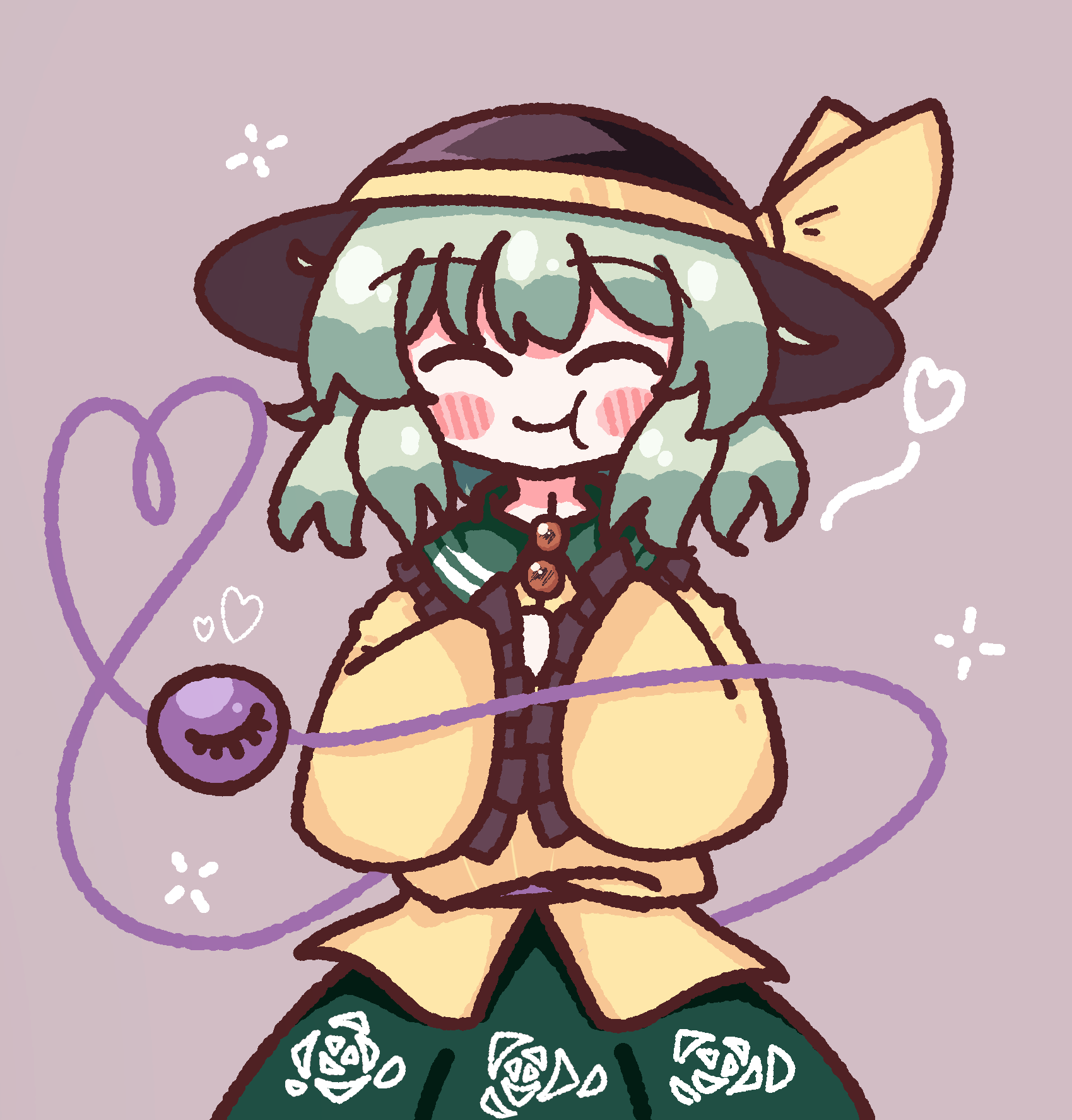 1girl :t ^_^ black_hat blush blush_stickers bow candy chewing closed_eyes closed_mouth dango eating floral_print food frilled_shirt_collar frilled_sleeves frills green_eyes green_hair green_skirt hat hat_bow heart heart_of_string highres holding holding_food komeiji_koishi light_green_hair long_sleeves medium_hair mitarashi_dango rose_print shirt simple_background skirt sleeves_past_wrists smile solo third_eye touhou wagashi waroemon yellow_bow yellow_shirt
