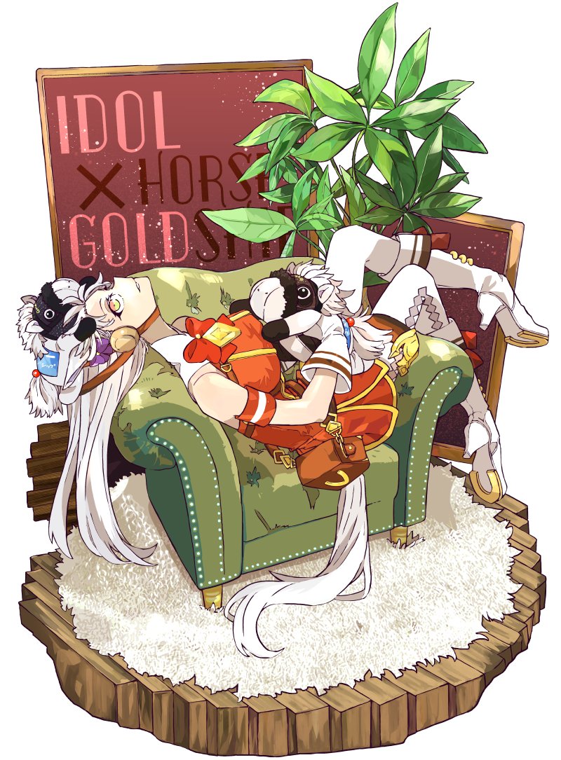 1girl alternate_eye_color animal_ears argyle_clothes argyle_pantyhose armband armchair asuka_(junerabitts) boots bow bowtie chair character_name commentary commentary_request creature_and_personification doll doll_on_head dress english_text full_body gloves gold_ship_(racehorse) gold_ship_(umamusume) grey_hair headgear high_heel_boots high_heels holding holding_doll hood horse_ears horse_girl horse_tail horseshoe indoors long_hair looking_at_viewer lounging pantyhose personification plant potted_plant purple_bow real_life red_armband red_bow red_bowtie red_dress sanpaku sideways_glance sleeveless sleeveless_dress solo stuffed_animal stuffed_horse stuffed_toy tachi-e tail umamusume white_boots white_gloves white_pantyhose wooden_floor yellow_eyes