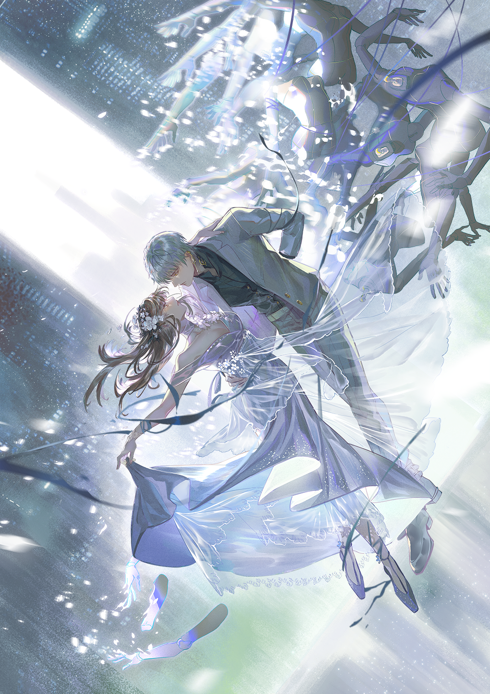1boy 1girl bird black_shirt brown_hair closed_eyes closed_mouth dancing dress flower formal_clothes full_body grey_pants hair_ornament hetero highres jacket light_and_night_love long_hair long_sleeves looking_at_another pants protagonist_(light_and_night_love) qi_sili see-through_clothes shirt shoes short_hair skirt_hold smile suit white_dress yinzinmiemie
