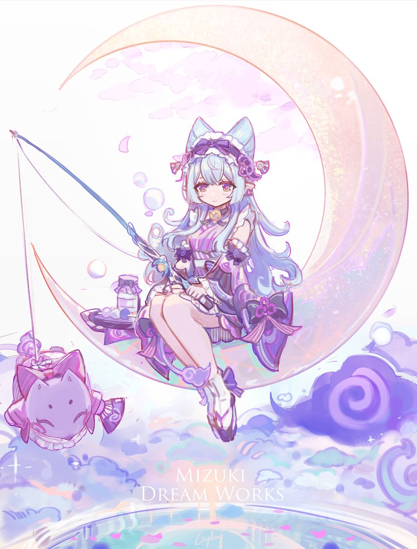 1girl animal ankle_bow ankle_ribbon bell black_bow black_choker blue_hair bow breasts character_name choker closed_mouth commentary crescent_moon csyday detached_sleeves dreamworks dress dress_bow fishing_rod frilled_hairband frilled_sleeves frills genshin_impact geta hairband holding holding_fishing_rod japanese_clothes legs_together long_hair moon neck_bell nihongami parody pink_dress pointy_ears purple_eyes ribbon signature sitting smile socks solo striped_clothes white_background white_socks yumemizuki_mizuki