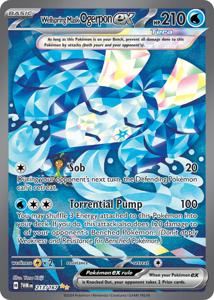 artist_name card_(medium) character_name closed_mouth company_name copyright_name copyright_notice english_text keiji_yano mask nintendo official_art ogerpon ogerpon_(wellspring_mask) pokemon pokemon_(creature) pokemon_card pokemon_focus pokemon_tcg solo terastallization third-party_source trading_card water yellow_eyes