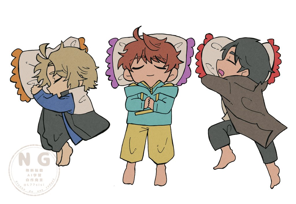 3boys adk-em bandai bandai_namco barefoot black_hair blonde_hair blue_hoodie brown_eyes brown_hair chibi chibi_only closed_eyes feet hood hoodie inoue_shouma ishimori_prod jacket kamen_rider kamen_rider_gavv_(series) karakida_hanto l77sisi lakia_amarga male_focus multiple_boys no_to_ai_generated_images_(alexander_nanitchkov) open_mouth pillow short_hair shouma_(kamen_rider_gavv) shouma_stomach simple_background toei_company tokusatsu tv_asahi two-tone_hoodie white_background