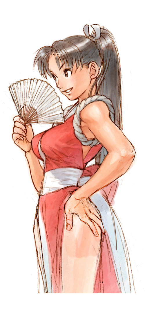 1girl 2000 bare_hips bare_legs bare_shoulders breasts brown_eyes brown_hair capcom_vs_snk fatal_fury folding_fan from_side game_cg grin hand_fan hand_on_own_hip japanese_clothes large_breasts long_hair long_legs ninja nishimura_kinu non-web_source official_art pelvic_curtain ponytail revealing_clothes shiranui_mai simple_background smile socks solo standing tabi the_king_of_fighters white_background