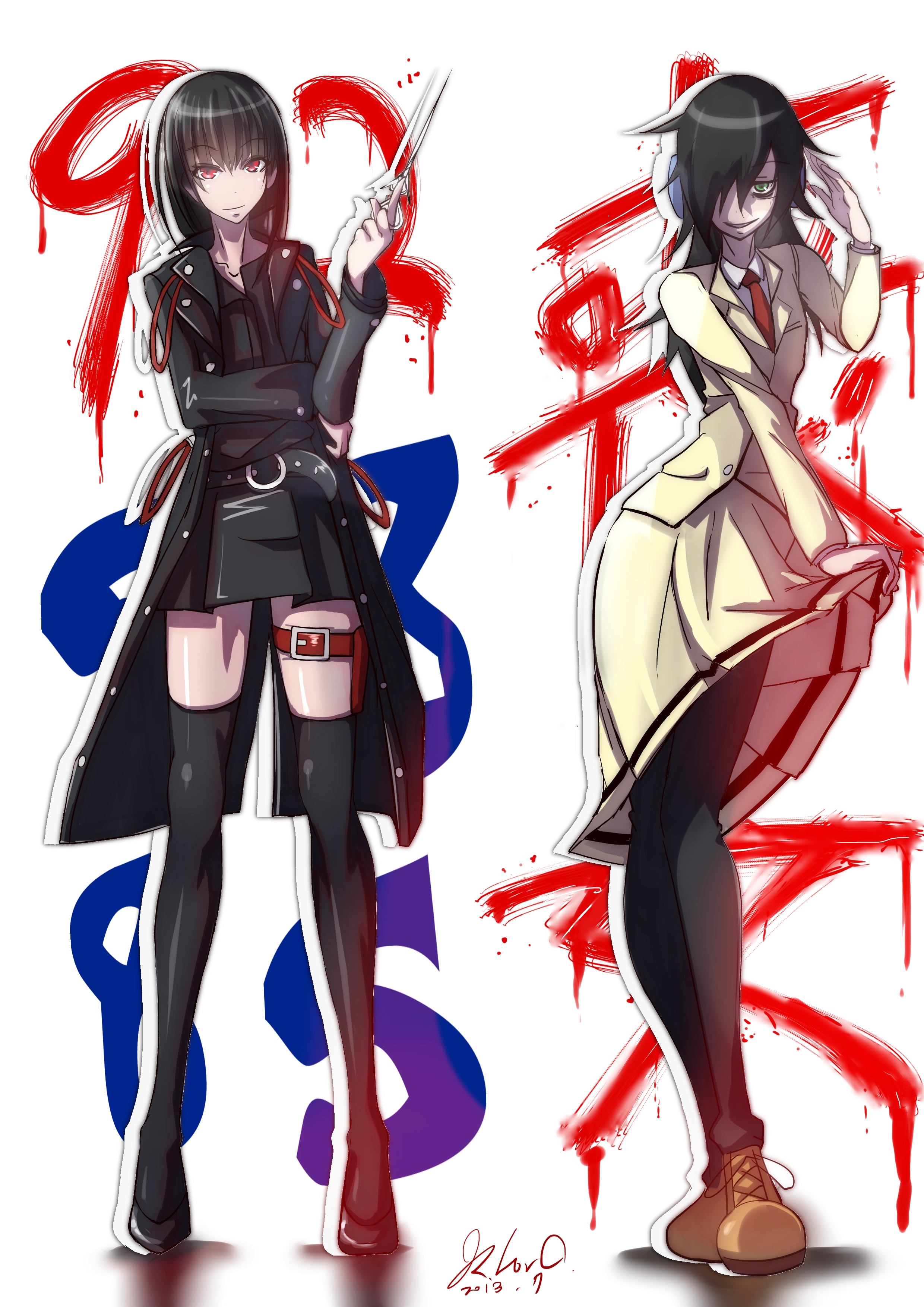 10s 2girls absurdres belt black_hair coat crossover green_eyes hair_over_one_eye highres inu_to_hasami_wa_tsukaiyou kuroki_tomoko long_hair multiple_girls natsuno_kirihime necktie open_mouth pantyhose red_eyes school_uniform scissors shoes simple_background skirt smile thighhighs watashi_ga_motenai_no_wa_dou_kangaetemo_omaera_ga_warui!