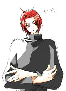 1boy antenna_hair bad_id black_jacket character_request commentary_request copyright_request crossed_arms expressionless high_collar jacket long_sleeves looking_to_the_side lowres male_focus red_hair rendezvous short_hair simple_background solo translation_request upper_body white_background