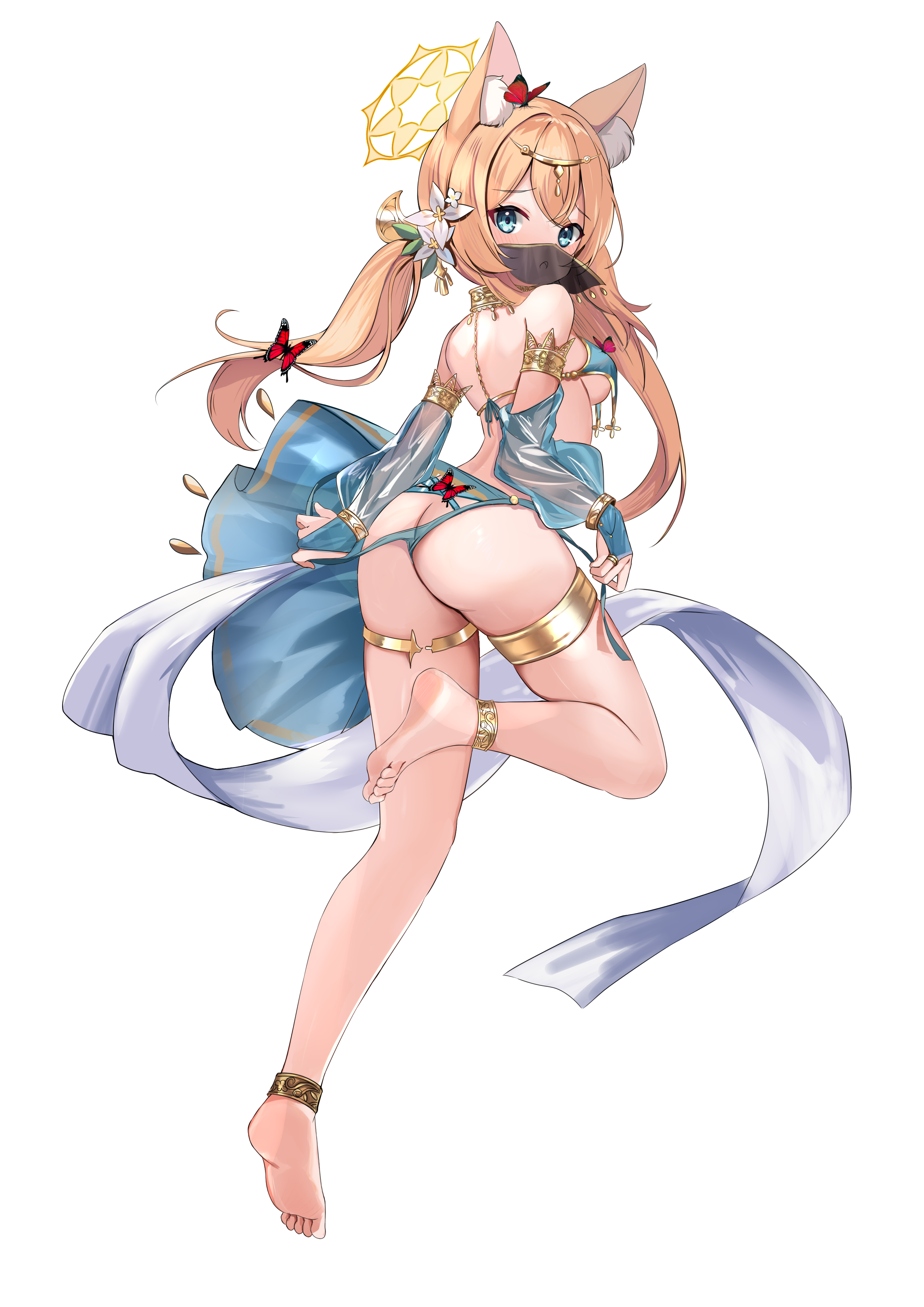 1girl absurdres animal_ears anklet arched_back armlet ass bare_shoulders barefoot blonde_hair blue_archive blue_eyes blue_panties blue_skirt breast_curtains breasts circlet collar commentary dancer detached_collar detached_sleeves feet flower from_behind full_body gold_trim hair_flower hair_ornament halo highres jewelry leg_up legs long_hair long_sleeves looking_at_viewer looking_back mari_(blue_archive) medium_breasts mouth_veil oppenheimer_(movie) panties panty_pull rinringyo sash see-through_clothes see-through_sleeves showgirl_skirt skirt soles solo thighlet thighs toenails toes transparent_background twintails underwear veil