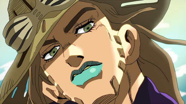 1boy blue_lips fake_screenshot green_eyes gyro_zeppeli hat jojo_no_kimyou_na_bouken lipstick makeup male_focus shimura_(yoshikatu) solo steel_ball_run