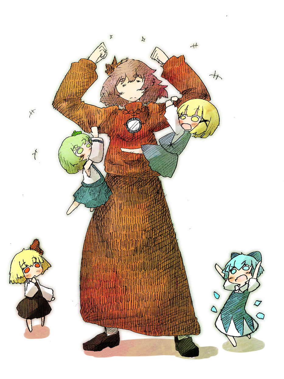 5girls aged_down arms_up bare_shoulders barefoot black_dress black_shoes blonde_hair blue_bow blue_dress blue_eyes blue_hair blue_skirt bow cirno closed_eyes closed_mouth daruia_(sabitare) detached_sleeves dress facing_viewer frog_hair_ornament grabbing_another&#039;s_arm green_eyes green_hair hair_ornament hair_ribbon highres ice ice_wings kochiya_sanae leaf_hair_ornament loafers long_skirt long_sleeves looking_at_another looking_at_viewer mirror moriya_suwako multiple_girls open_mouth purple_hair purple_shirt purple_skirt red_bow red_eyes red_shirt ribbon rumia shirt shoes simple_background skirt skirt_set sleeveless sleeveless_shirt socks touhou white_background white_sleeves wide_sleeves wings yasaka_kanako yellow_eyes