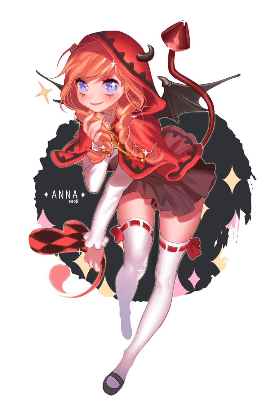 1girl anna_(frozen) blue_eyes braid demon_horns demon_tail demon_wings female_focus frozen_(disney) full_body highres horns image_sample mary_janes naver_sample orange_hair seoji shoes solo tail thighhighs twin_braids wings zettai_ryouiki