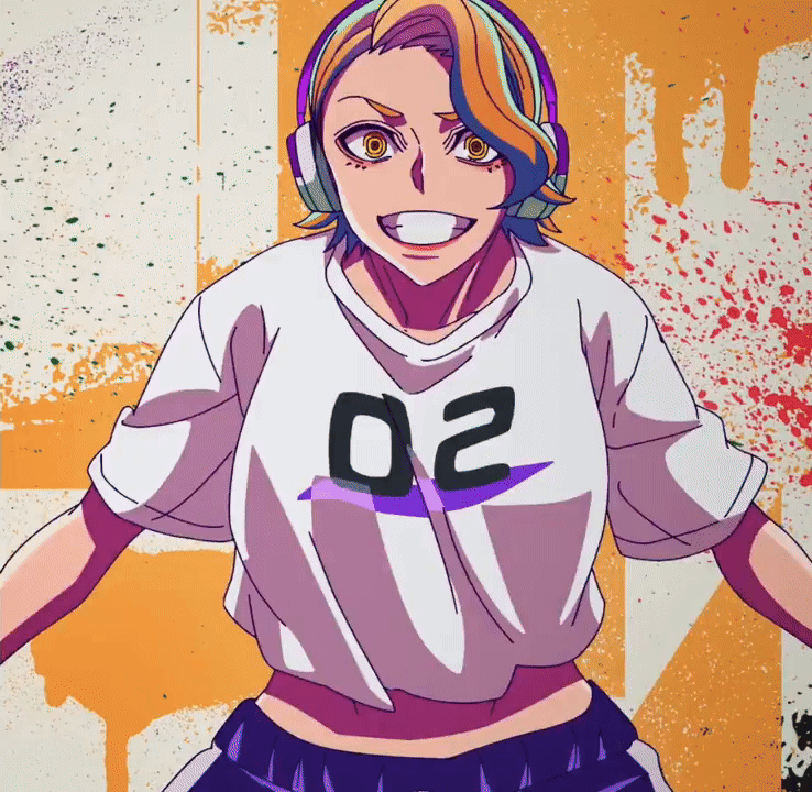 1girl 2025 20s animated animated_gif baggy_clothes blonde_hair bouncing_breasts breasts cleavage crop_top dancing eyeshadow headphones large_breasts makeup nail_polish sazanami_kuina shirt short_hair sports_bra t-shirt tagme tougen_anki white_shirt wristband yellow_eyes