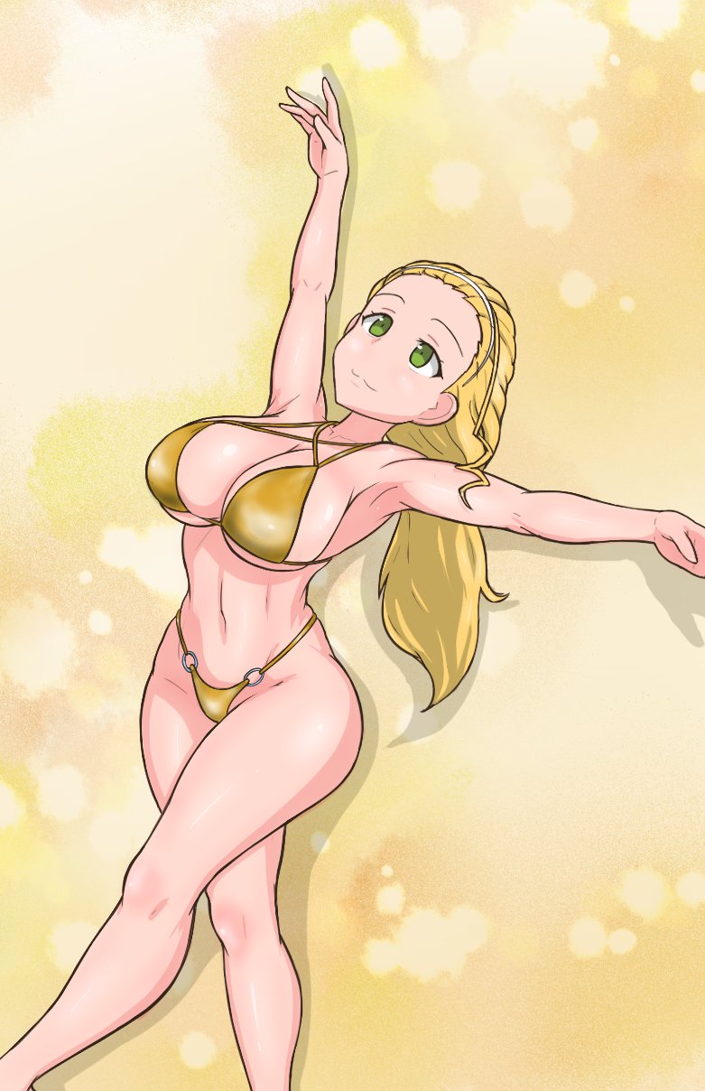 1_yj12 1girl :3 ballet bikini blonde_hair breasts commentary_request criss-cross_halter feet_out_of_frame forehead girls_und_panzer green_eyes hairband halterneck highres large_breasts long_hair looking_up o-ring o-ring_bikini outstretched_arms sasaki_akebi solo swimsuit yellow_background
