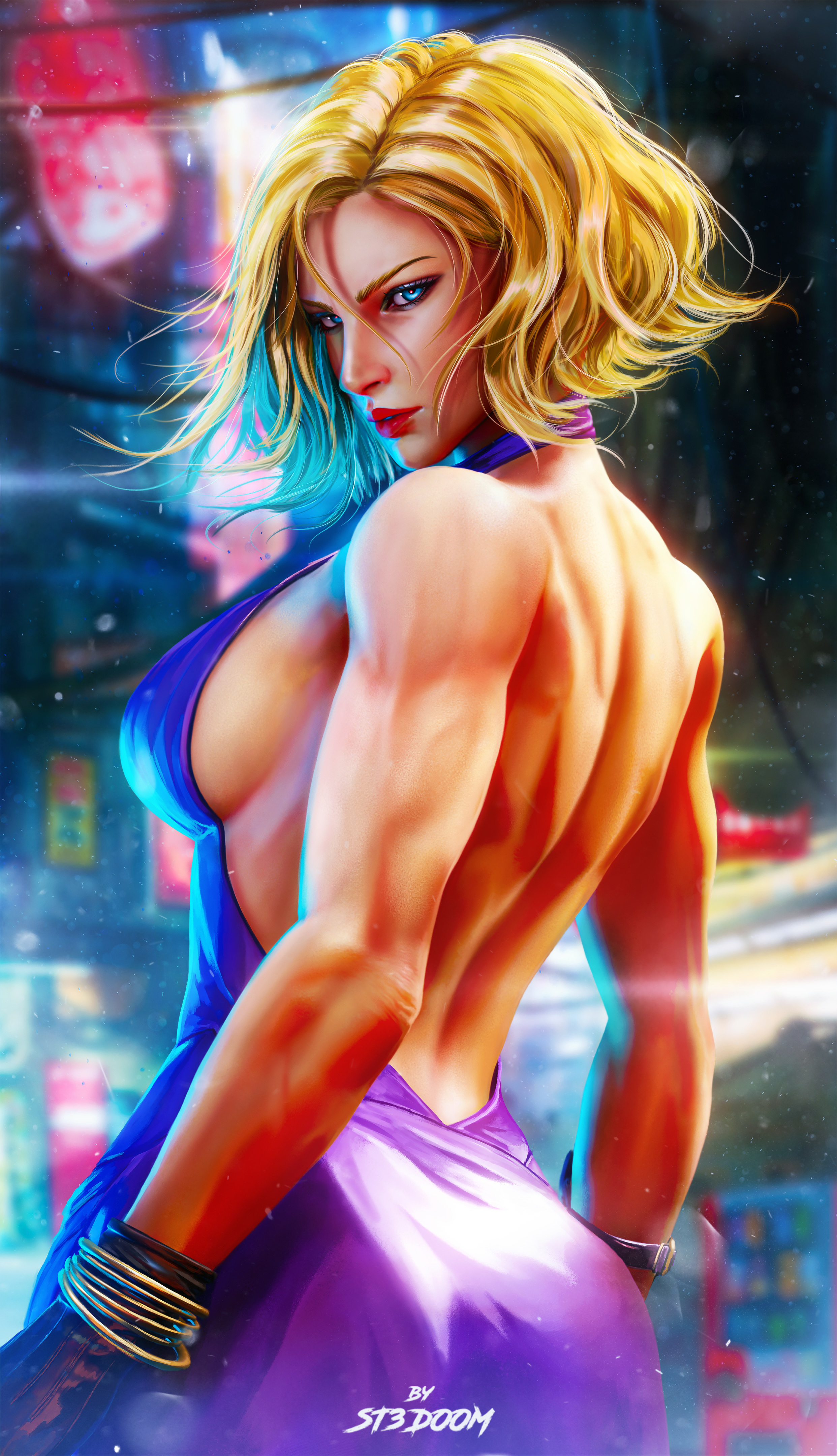 1girl absurdres artist_name backless_dress backless_outfit black_gloves blonde_hair blue_eyes blurry blurry_background bracelet breasts dress floating_hair gloves guest_art highres jewelry looking_at_viewer looking_back medium_breasts nina_williams non-web_source official_art parted_lips purple_dress red_lips short_hair sideboob solo st3doom tekken tekken_8 upper_body