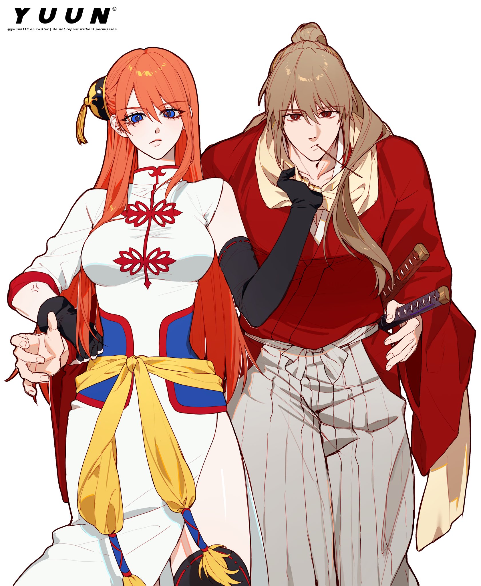 1boy 1girl aged_up artist_name assertive_female blue_eyes brown_hair china_dress chinese_clothes dress gintama highres japanese_clothes kagura_(gintama) katana kimono long_hair okita_sougo orange_hair red_eyes red_kimono signature sword weapon yuun_(yuun0110)