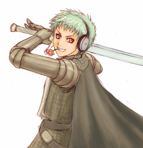 1boy armor cape chainmail commentary_request cowboy_shot feliciel flower gauntlets green_hair grey_cape grin headphones holding holding_sword holding_weapon knight_(ragnarok_online) looking_at_viewer looking_to_the_side lowres male_focus pauldrons pink_flower ragnarok_online red_eyes short_bangs short_hair shoulder_armor simple_background smile solo sword weapon white_background