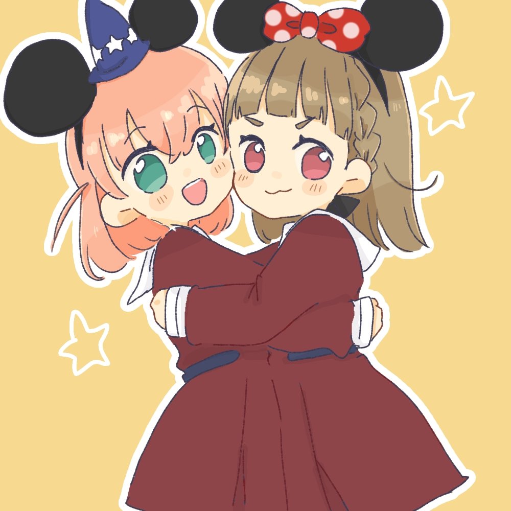 2girls :3 :d aqua_eyes black_bow blue_hat bow braid brown_dress brown_hair cheek-to-cheek closed_mouth commentary_request disneyland dress hair_bow hasu_no_sora_school_uniform hat heads_together hinoshita_kaho hug kachimachi_kosuzu link!_like!_love_live! long_sleeves looking_at_viewer love_live! mao_(maooo_049) medium_dress medium_hair mini_hat mini_witch_hat minnie_mouse_ears multiple_girls mutual_hug open_mouth orange_hair outline pleated_dress polka_dot polka_dot_bow red_bow red_eyes sailor_collar sailor_dress school_uniform side_braids simple_background smile star_(symbol) v-shaped_eyebrows virtual_youtuber white_outline white_sailor_collar winter_uniform witch_hat yellow_background