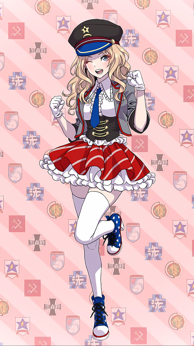 1girl alternate_costume anzio_(emblem) blonde_hair blue_necktie blush breasts commentary_request corset diagonal_stripes emblem frilled_skirt frills girls_und_panzer girls_und_panzer_senshadou_daisakusen! gloves grey_jacket haiiro_purin hat high_heels highres jacket kay_(girls_und_panzer) kuromorimine_(emblem) large_breasts looking_at_viewer military_hat necktie one_eye_closed ooarai_(emblem) pravda_(emblem) red_skirt saunders_(emblem) skindentation skirt smile solo st._gloriana&#039;s_(emblem) standing standing_on_one_leg star_(symbol) striped thighhighs thighs wavy_hair white_gloves white_thighhighs zettai_ryouiki