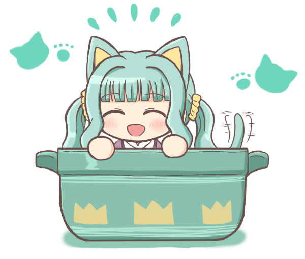 1girl :d ^_^ animal_ears bad_id bad_pixiv_id blunt_bangs cat_ears cat_tail chibi closed_eyes commentary_request cooking_pot futaba_sana in_container in_pot kemonomimi_mode long_hair magia_record:_mahou_shoujo_madoka_magica_gaiden mahou_shoujo_madoka_magica mizuna_girls&#039;_academy_school_uniform neko_nabe open_mouth reverse_(bluefencer) school_uniform sidelocks smile solo tail tail_wagging twintails upper_body wavy_hair white_background