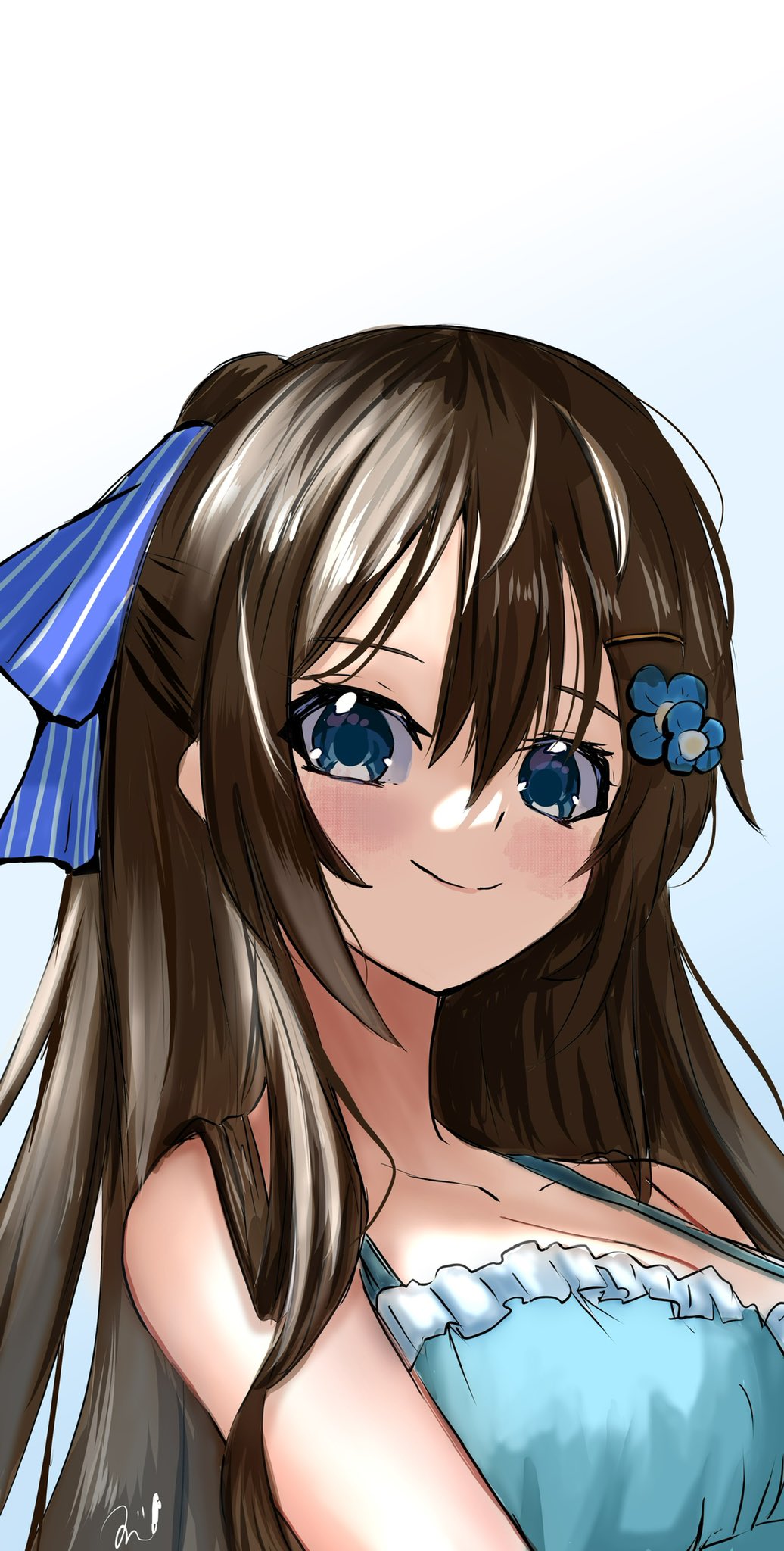 1girl bikini blue_bikini blue_eyes blue_ribbon breasts brown_hair cleavage closed_mouth hair_between_eyes hair_ribbon half_updo highres jin_(oihlf) large_breasts long_hair love_live! love_live!_nijigasaki_high_school_idol_club official_alternate_costume osaka_shizuku osaka_shizuku_(odaiba_beach_girl) pinstripe_ribbon ribbon sidelocks smile solo swimsuit upper_body