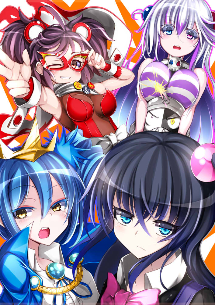 4girls animal_ears bare_shoulders black_hair blue_eyes blue_hair blue_ribbon bombergirl bow bowtie breasts brooch closed_mouth crossed_bangs domino_mask drill_hair fang frown fuse grin hair_between_eyes heterochromia jewelry kuro_(bombergirl) large_breasts lewisia_aquablue lit_fuse mask medium_breasts mouse_ears multicolored_hair multiple_girls omochishiki one_eye_closed one_side_up open_mouth orange_eyes papuru_(bombergirl) pink_bow pink_bowtie pink_eyes purple_hair red_mask ribbon round_teeth scarf sleeveless smile strapless teeth tiara twintails two-tone_hair urushi_(bombergirl) white_hair wrist_cuffs yellow_eyes