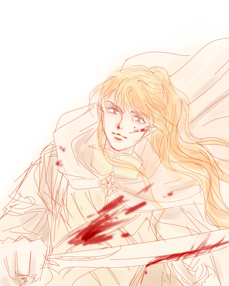 1boy armor blonde_hair blood blood_on_face blood_splatter bloody_weapon blue_eyes cape celegorm closed_mouth collar elf holding holding_sword holding_weapon long_hair looking_at_viewer male_focus mintkim nostrils pointy_ears prince solo sword the_silmarillion tolkien&#039;s_legendarium weapon