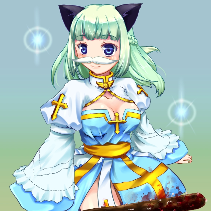 1girl animal_ears arch_bishop_(ragnarok_online) baseball_bat blood bloody_weapon blue_dress blue_eyes blush braid breasts cat_ears cat_girl cleavage cleavage_cutout closed_mouth clothing_cutout commentary_request cowboy_shot cross dress efyuru fake_facial_hair fake_mustache green_background green_hair half_up_braid holding holding_baseball_bat juliet_sleeves long_hair long_sleeves looking_at_viewer medium_breasts nail_(hardware) nail_bat puffy_sleeves ragnarok_online sash smile solo sparkle two-tone_dress weapon white_dress yellow_sash