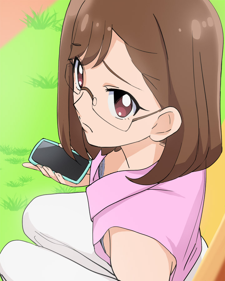 1girl bra breasts brown_hair cellphone closed_mouth downblouse frown glasses haruyama_kazunori holding holding_phone looking_at_viewer pants phone pink_shirt precure red_eyes sakuragawa_saki shirt short_hair sitting sleeveless sleeveless_shirt solo tropical-rouge!_precure underwear white_pants