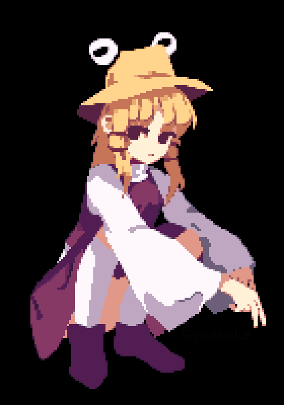 1girl 4qw5_(style) black_background blonde_hair brown_headwear commentary full_body long_sleeves looking_at_viewer medium_hair moriya_suwako pixel_art purple_footwear ryanluke sidelocks simple_background socks solo squatting touhou white_socks