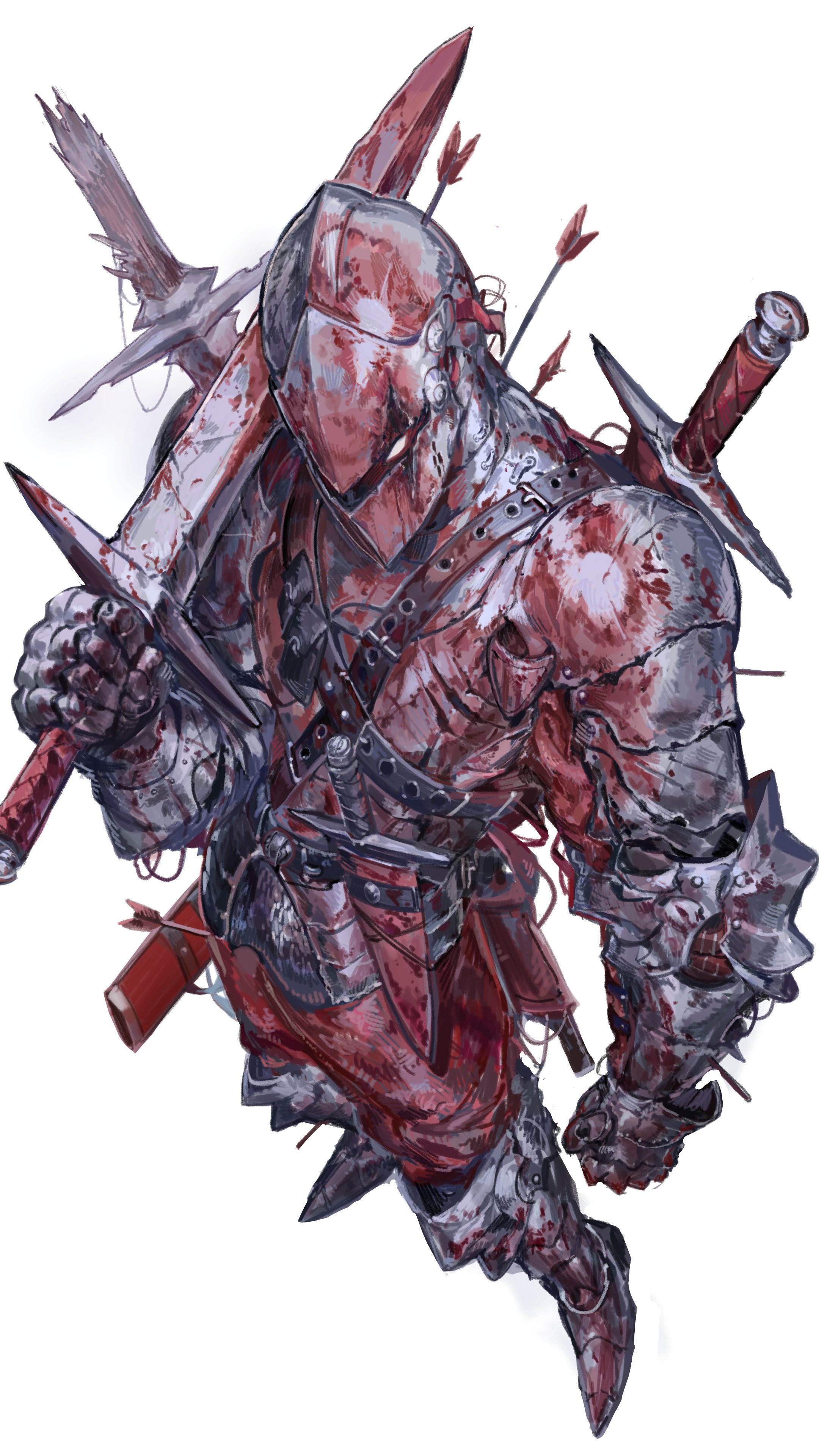 1other absurdres ambiguous_gender armor arrow_(projectile) arrow_in_body blood blood_on_clothes broken broken_helmet broken_sword broken_weapon commentary english_commentary from_above full_armor full_body highres holding holding_sword holding_weapon nameno92372763 original over_shoulder simple_background sword sword_on_back sword_over_shoulder three_quarter_view weapon weapon_on_back weapon_over_shoulder white_background