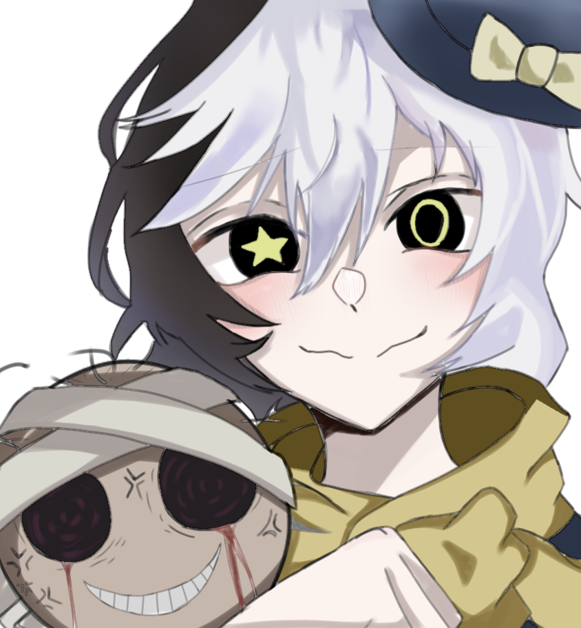 1other bandaged_head bandages basin black_hair blood blood_on_face blush bungou_stray_dogs closed_mouth collared_jacket hands_up hat jacket long_hair looking_at_viewer multicolored_hair open_mouth puppet smile star-shaped_pupils star_(symbol) symbol-shaped_pupils teeth transparent_background two-tone_hair white_hair yellow_jacket yumeno_kyuusaku