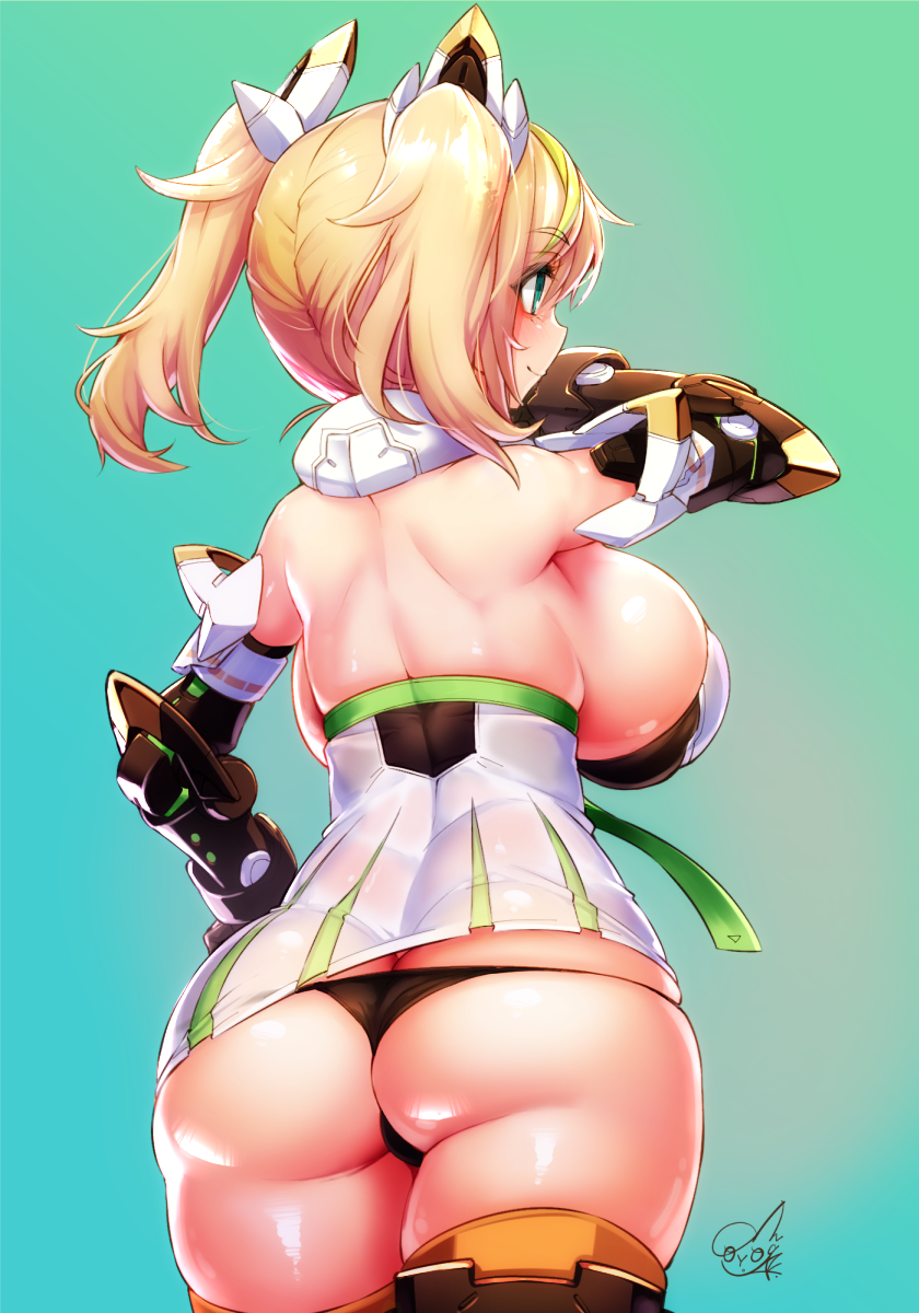 1girl aqua_eyes ass back backboob backless_dress backless_outfit bare_shoulders black_panties blonde_hair blush breasts butt_crack colored_eyelashes cowboy_shot curvy doyouwantto dress elbow_gloves from_behind gene_(pso2) gloves green_hair headgear highres huge_breasts long_hair multicolored_hair panties phantasy_star phantasy_star_online_2 shiny_skin sideboob simple_background skindentation smile solo streaked_hair thick_thighs thighhighs thighs thong twintails two-tone_hair underwear wide_hips