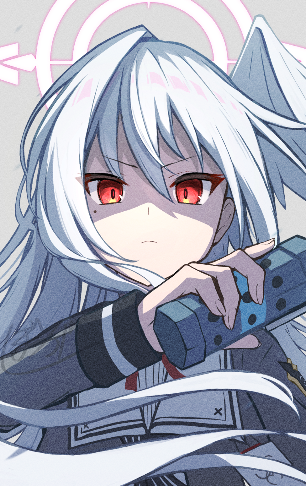 1girl blue_archive bougashi flashbang grey_background grey_jacket halo head_wings highres holding_flashbang jacket neck_ribbon partially_shaded_face pink_halo red_eyes red_ribbon ribbon single_head_wing single_wing suzumi_(blue_archive) white_hair wings