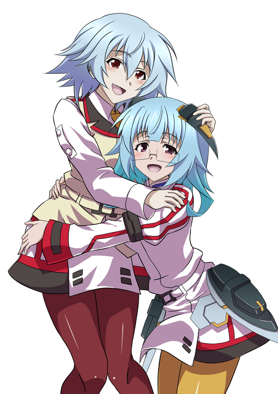 2girls blue_hair brown_pantyhose commentary_request dress glasses infinite_stratos infinite_stratos_academy_school_uniform kuroda_ariake looking_at_viewer multiple_girls open_mouth pantyhose red_eyes sarashiki_kanzashi sarashiki_tatenashi school_uniform short_hair siblings simple_background sisters white_background white_dress yellow_pantyhose