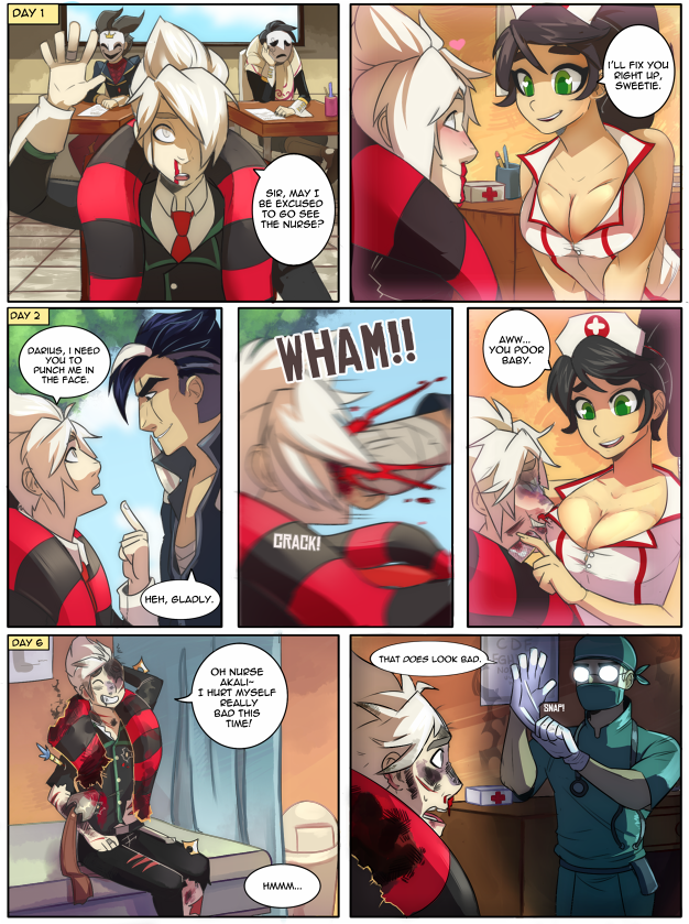 1girl 5boys akali blood breasts cleavage darius_(league_of_legends) english_text green_eyes league_of_legends multiple_boys nosebleed nurse punching school shen_(league_of_legends) tagme vladimir_(league_of_legends)