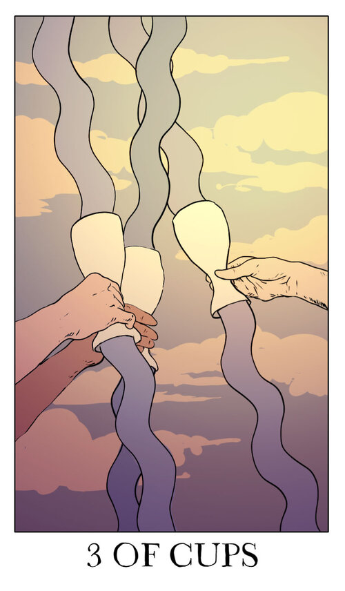 border card_(medium) cloud cup dark_skin english_text floating_liquid gradient_background gradient_sky grey_sky grey_theme holding holding_cup jessica_hayworth liquid orange_clouds original outdoors pale_skin sky surreal tarot tarot_(medium) water white_border yellow_clouds