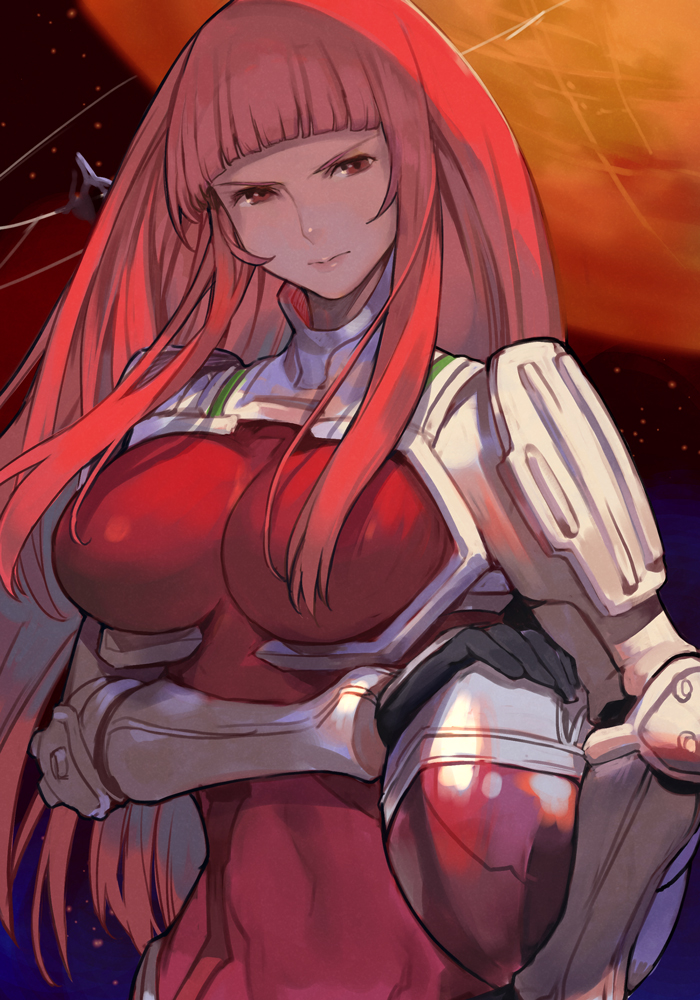1girl black_gloves bodysuit breasts covered_navel glaring gloves hand_on_headwear harness helmet hime_cut holding holding_helmet hungry_clicker ken_marinaris large_breasts long_hair looking_at_viewer red_bodysuit red_eyes red_hair shiny_skin solo space upper_body zone_of_the_enders_2