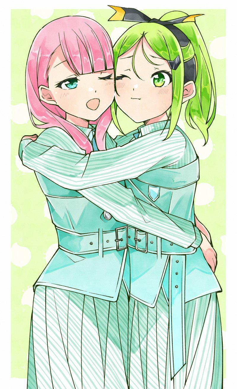 22/7 2girls ;) ;d asymmetrical_bangs belt blunt_bangs border bow bow_hairband closed_mouth dress eye_contact green_background green_belt green_dress green_eyes green_hair hair_bow hair_ornament hairband hairclip half_updo high_ponytail highres hug kamiki_mikami kiryu_touko long_hair long_sleeves looking_at_another multiple_girls one_eye_closed open_mouth outside_border parted_bangs pink_hair ponytail smile standing trefle_r two-tone_bow two-tone_hairband white_border yuri