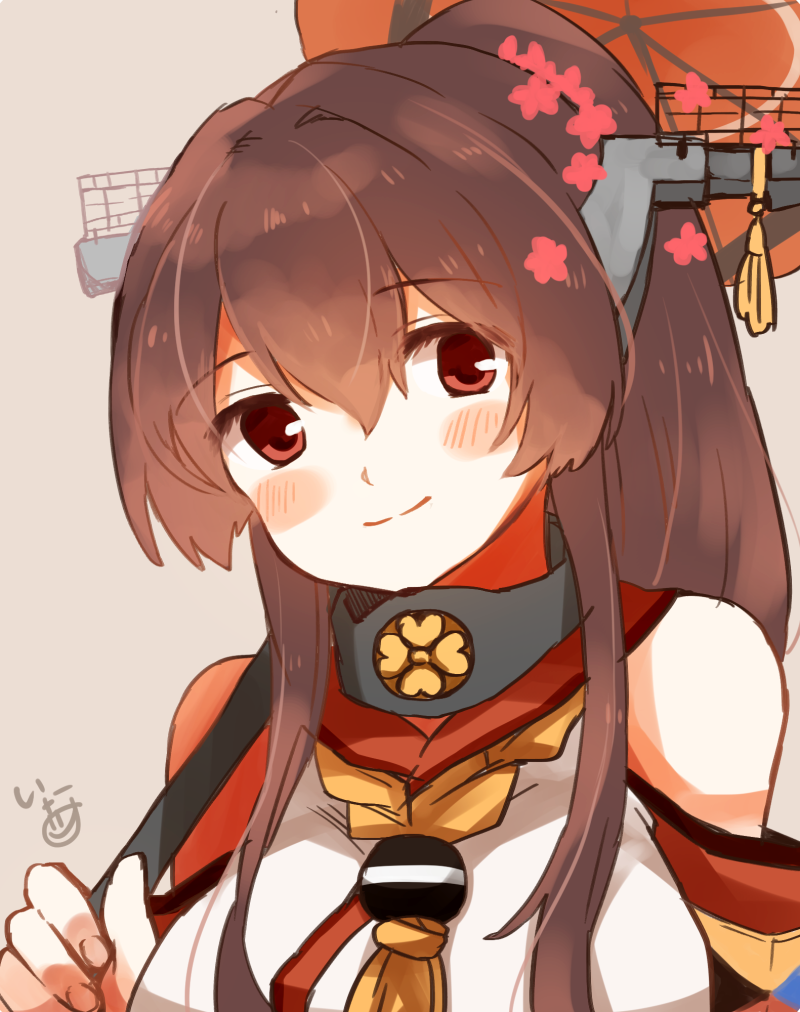 1girl bare_shoulders blush brown_hair closed_mouth collar commentary_request detached_sleeves female_focus fingernails flower hair_between_eyes hair_flower hair_ornament hair_over_shoulder headgear holding holding_umbrella ina_(1813576) kantai_collection kikumon long_hair looking_at_viewer oil-paper_umbrella petals ponytail red_eyes sidelocks signature simple_background sleeveless smile solo umbrella upper_body yamato_(kancolle) yellow_rope z-flag
