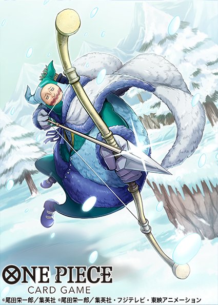 1boy aiming arrow_(projectile) bow_(weapon) chess_(one_piece) cloak cloud cloudy_sky commentary_request copyright_name fir_tree full_body fur_cloak glint gloves male_focus mountain nnm_kmym official_art one_piece one_piece_card_game shadow sky snowing solo tree weapon white_cloak