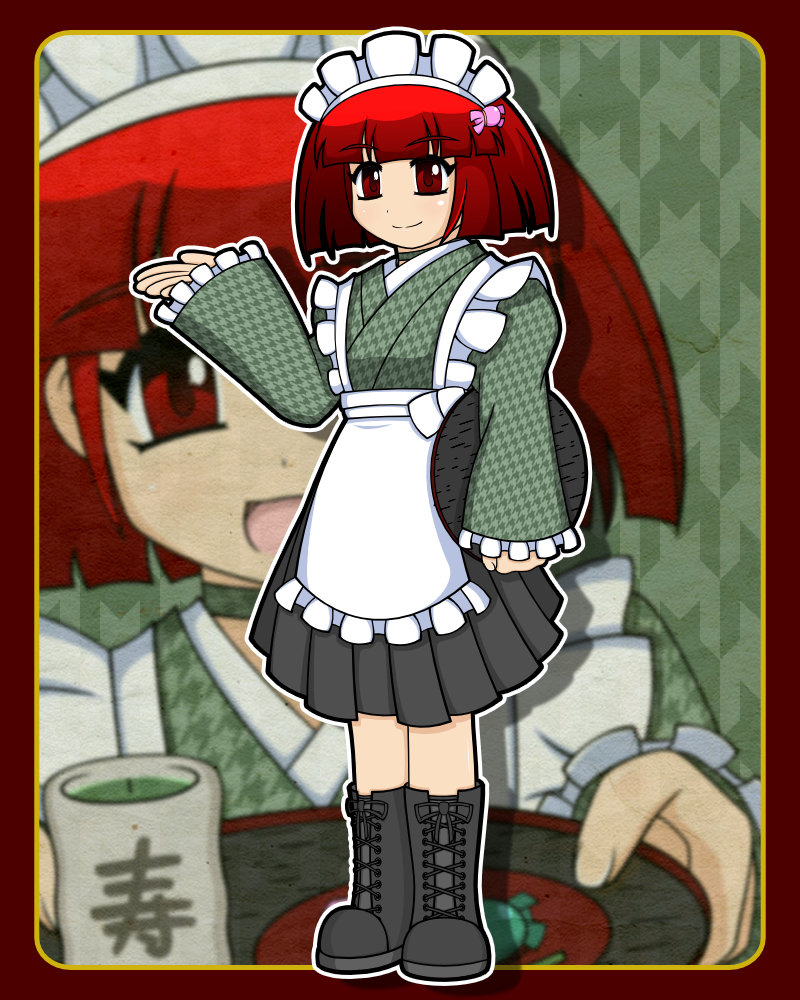 1girl alternate_costume apron bob_cut boots candy character_name choker clenched_hand cotton_(character) cotton_(game) cup food frills full_body happy holding holding_tray maid maid_headdress no_heaven open_mouth red_eyes red_hair short_hair skirt standing tea toothpick tray witch yunomi