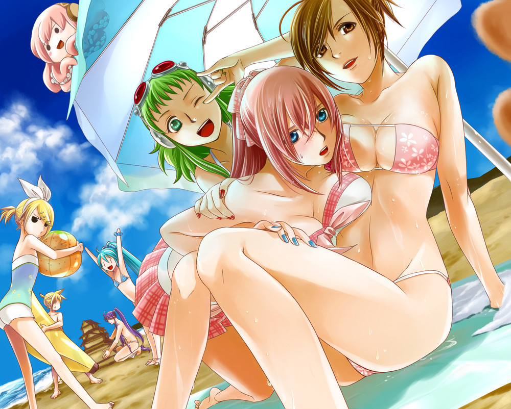 2boys 5girls angry aqua_hair arm_grab arm_support arm_up arms_up ball banana banana_boat bare_shoulders barefoot beach beachball bent_over bikini black_eyes blonde_hair blue_eyes blue_nails blush breast_press breasts brown_eyes brown_hair building_sand_sculpture cleavage cloud day dutch_angle eyepatch_bikini eyewear_on_head flat_chest food fruit green_eyes green_hair gumi hair_ornament hair_ribbon hair_up hairclip hand_on_shoulder happy hatsune_miku holding hug kagamine_len kagamine_rin kamui_gakupo kneeling large_breasts leg_grab legs long_hair looking_at_viewer looking_back m/ megurine_luka meiko_(vocaloid) multiple_boys multiple_girls nail_polish one-piece_swimsuit one_eye_closed open_mouth outdoors parasol pink_hair ponytail project_diva project_diva_(series) project_diva_2nd purple_hair red_nails ribbon sand sand_castle sand_sculpture serious short_hair shy sitting skirt sky smile standing strapless summer sunglasses surprised sweat swimsuit takoluka towel toyu umbrella very_long_hair vocaloid water wet wink