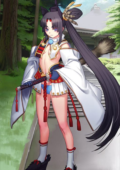 1girl architecture armor black_hat black_shoes blue_gloves blue_panties breast_curtains breasts circlet closed_mouth curtained_hair detached_sleeves east_asian_architecture eyeshadow fate/grand_order fate_(series) feather_hair_ornament feathers feet_out_of_frame gloves hair_ornament hand_on_hilt hand_on_sheath hat high_side_ponytail japanese_armor katana kusazuri legs_apart linea_alba long_hair long_sleeves looking_at_viewer makeup no_shirt official_art outdoors panties pom_pom_(clothes) red_eyeshadow sakamoto_mineji sheath sheathed shoes sideboob sidelocks socks solo standing sword tassel tate_eboshi third-party_source tree underwear ushiwakamaru_(fate) very_long_hair weapon white_sleeves white_socks wide_sleeves