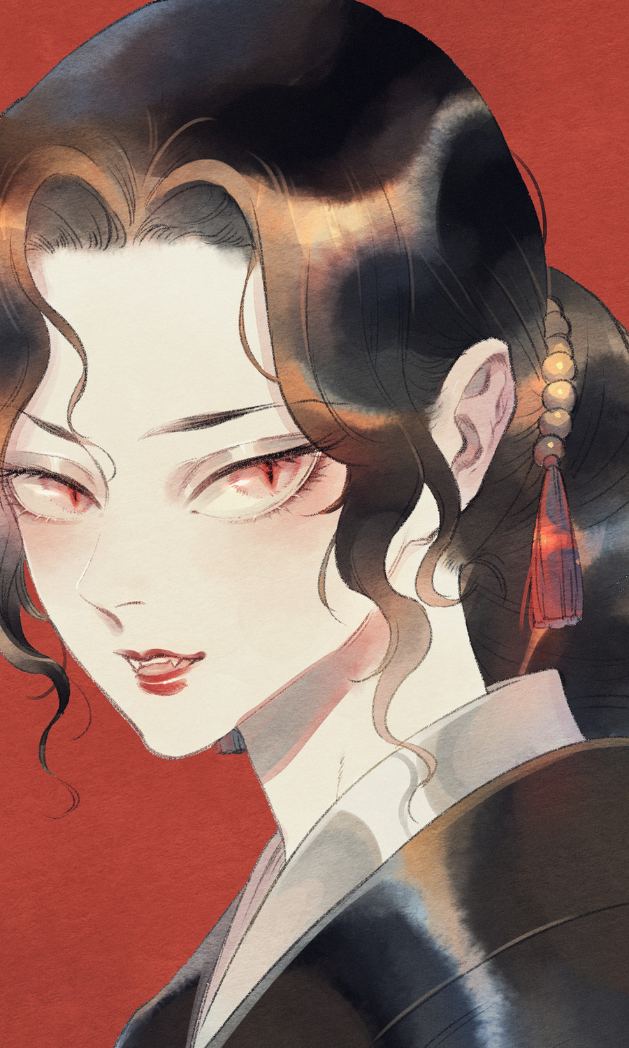 1girl black_hair black_kimono chesswalkers genderswap genderswap_(mtf) highres japanese_clothes kibutsuji_muzan kibutsuji_muzan_(female) kimetsu_no_yaiba kimono red_eyes red_lips slit_pupils solo teeth upper_teeth_only