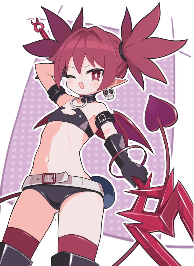 1girl :3 ;d bare_shoulders black_boots black_choker black_gloves blush boots border bright_pupils choker cowboy_shot demon_girl demon_tail demon_wings disgaea earrings elder_spear etna_(disgaea) flat_chest gloves holding holding_polearm holding_weapon jewelry looking_at_viewer navel o-ring o-ring_choker one_eye_closed open_mouth outline outside_border polearm polka_dot polka_dot_background purple_background red_eyes red_hair red_thighhighs red_wings short_hair skull_earrings smile solo spear stomach suaman tail thigh_boots thighhighs thighhighs_under_boots weapon white_border white_outline white_pupils wings