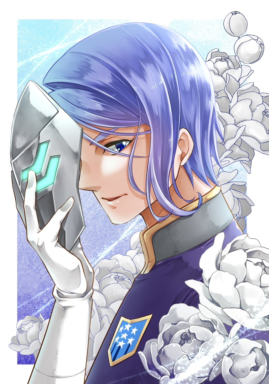 1boy blue_eyes flower gaelio_bauduin gloves gundam gundam_tekketsu_no_orphans highres ichino_tomizuki insignia looking_at_viewer male_focus mask unworn_mask portrait purple_hair white_gloves