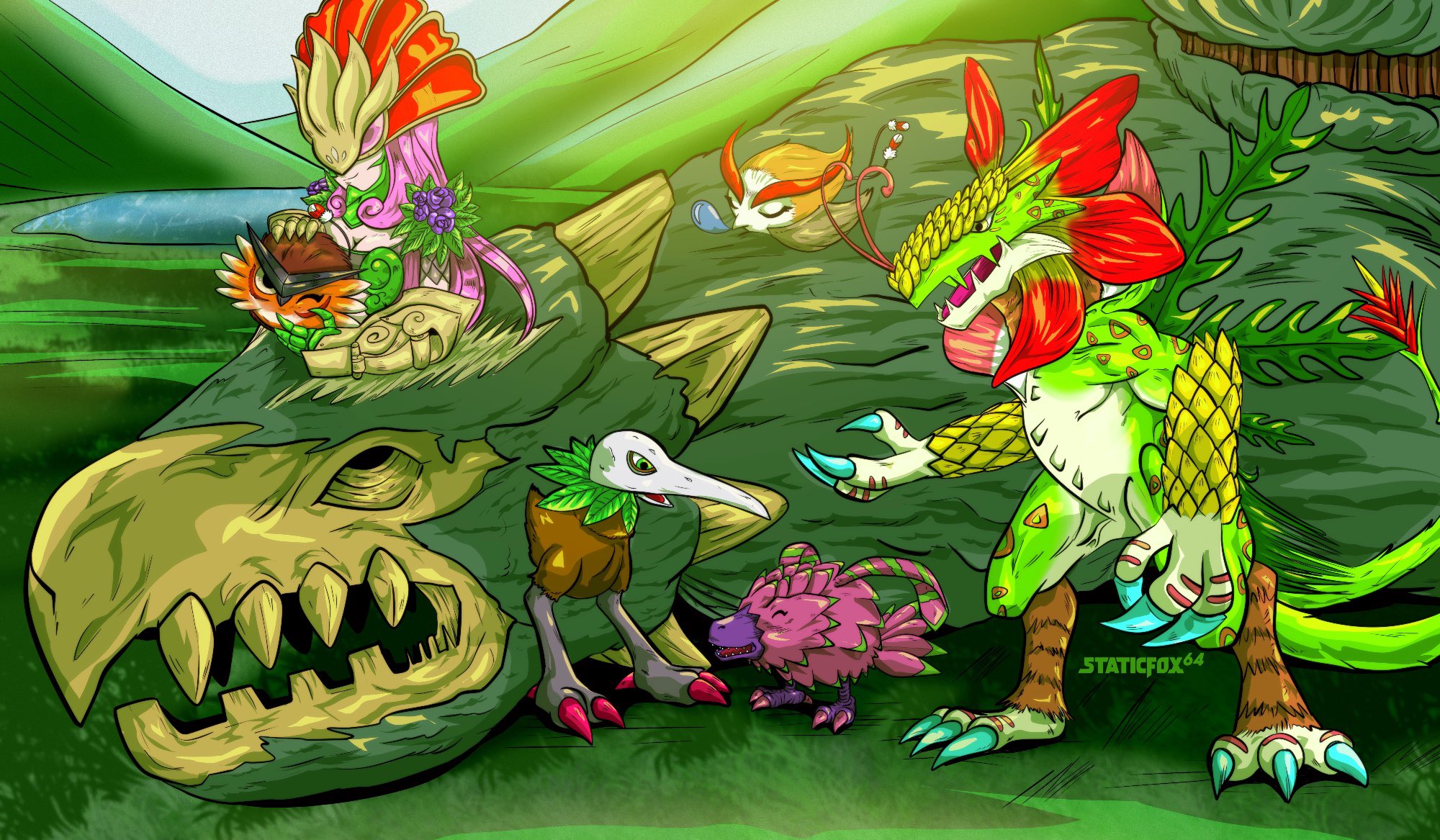 ceresmon ceresmon_medium claws digimon digimon_(creature) evolutionary_line highres kiwimon mask pinamon pomumon puwamon sharp_teeth teeth toropiamon