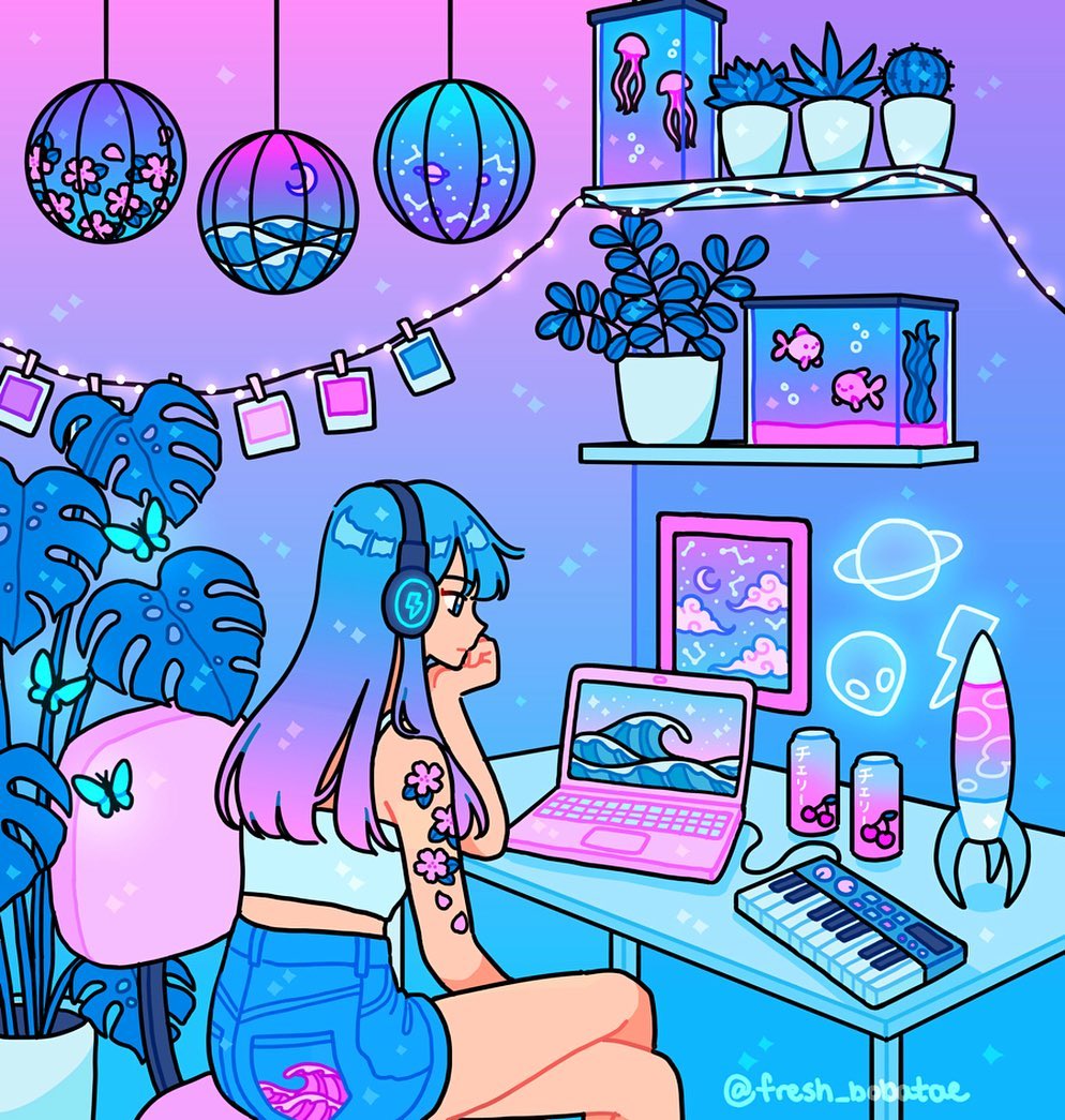 1girl arm_tattoo blue_butterfly blue_eyes blue_hair blue_shorts blue_tank_top bug butterfly cactus can chair closed_mouth commentary computer constellation constellation_print crescent_moon crop_top elbow_on_table emily_kim english_commentary feet_out_of_frame fish fish_tank floral_print flower_tattoo from_behind gradient_background gradient_hair gradient_sky hand_on_own_chin hanging_light headphones indoors insect instrument jellyfish keyboard_(instrument) lamp laptop lava_lamp lightning_bolt_symbol limited_palette looking_at_screen monstera_deliciosa moon multicolored_hair neon_lights neon_palette on_chair original pink_clouds pink_hair plant polaroid_photo poster_(object) potted_plant shelf shorts sky solo sparkle string_lights succulent_plant tank_top tattoo wave_print waves xiangyun